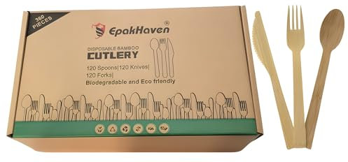 EpakHaven Bamboo Cutlery Set – 360‑Piece Eco‑Friendly, Biodegradable & Compostable Utensils – Strong Forks, Knives & Spoons for Party, Picnic, BBQ ≈