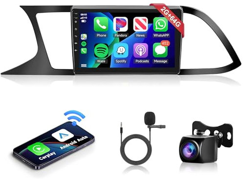 2G+64G Wireless Carplay Android 13 Radio de Coche 2 DIN para Seat Leon MK3 2013-2019 9 Pulgadas Radio con Android Auto Navi GPS WiFi Mirror Link Bluetooth FM/RDS Radio Dab/DVR/EQ/SWC Cámara Trasera