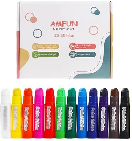 AMFUN Paint Sticks,12 Pack Washable Tempera Paint Sticks-Quick Drying, No Mess, Non-Toxic, Colors Assorted,Twist Up & Down, Easy-to-Use& Clean Up, Kids Paint Pens for for Arts and Crafts Project
