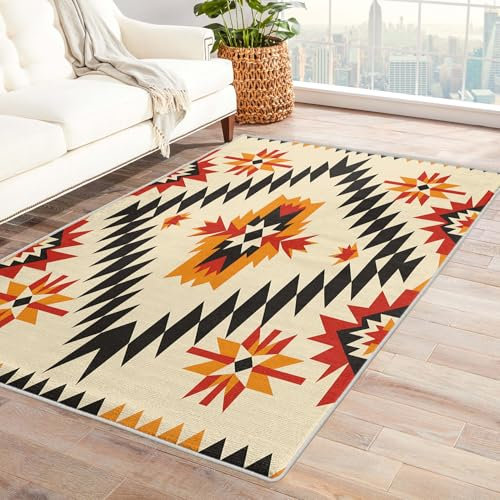 Azteken Teppich - Teppich Wohnzimmer Schlafzimmer Ethno Muster, Kleiner Teppich Indianer Southwest Design, Weich Kurzflor & Waschbar & rutschfest Fussmatte Innen, Kinderteppich 80x150 cm