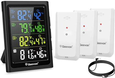 Geevon Innen Außenthermometer Kabellos mit 3 Fernbedienungssensoren, Digitales Hygrometer Innenthermometer, Temperatur Luftfeuchtigkeit Monitor Messgerät mit 200FT/60M Reichweite (281A TN mit