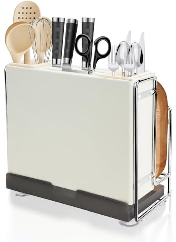 HMIEPRS Knife Block, Kitchen Knife Holder with Cutting Board Organizer, Multifunctional Large Capacity Knives Drying Rack, Utensil Cookware Storage Stand for Countertop Kitchen (White)
