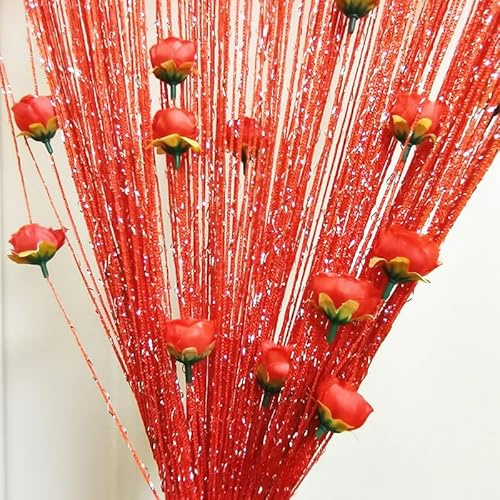 YKAFADE Fadenvorhang 1 Stück 100x200cm Dekorative Gardine Raumteiler Dekoration mit Rosen Blumen Türvorhang Fliegenschutz Hochzeit Fadengardine Glitzer schön für Party,Café,Restaurant,Rot