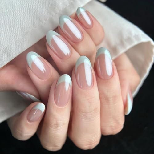 KQueenest Chrome White French Tip Press on Nails Short Glazed Glitter French Tip False Nails Oval, Luxury Design Acrylic Fake Nails Set with Bling Mirror Effect Stick on Nail for Women 24 Pcs