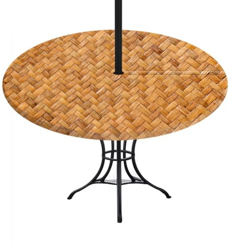 FANSU Nappe Ronde avec Trou de Parasol, Imperméable Nappe de Table avec Bord Élastique et Fermeture Éclair pour Exterieur, Jardin, Terrasse, Fête et Barbecue (Tissage de Paille 6,M)