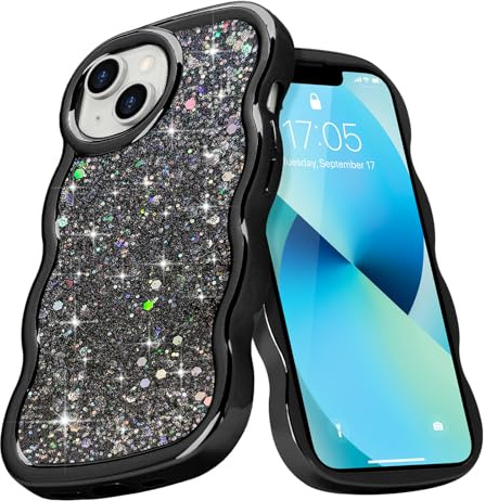 Micoden Cute Wave Case for iPhone 14/13 Glitter Sparkle,Plating Curly Wave Frame Bling Soft TPU Back Cover,Slim Shockproof Camera Protection Aesthetic Phone Case for Girls Women-Black