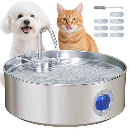 PawHut Fontanella per Cani Gatto da 7L con Luce LED, Spazzola, Tripla Filtrazione e 7 Filtri Ricambio, Fontana per Gatti in Acciaio Inox 304, 30.5x31.2x19.3 cm, Argento