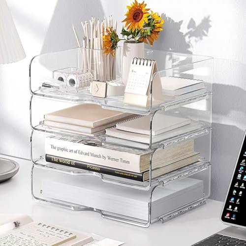 4-stöckige Ablagekorb für A4, Dokumentenablage aus PET Kunststoff, Schreibtisch Organizer und Lagerung für Dokumente,Papier, Buch Magazin Lagerung, Bürobedarf (4pcs Transparent)