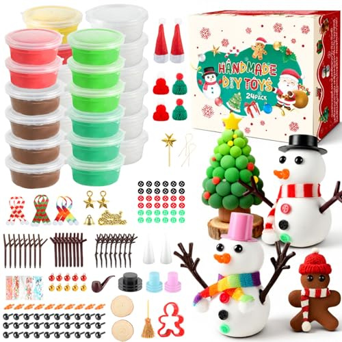 KISPATTI 24 Pack Modelling Clay Kit, DIY Air Dry Clay Snowman Christmas Tree Crafts for Kids with Charms & Tools, Christmas Crafts Gifts