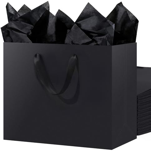 SHIPKEY 3er Set Extra Große Schwarze Geschenktüten mit 10 Seidenpapieren | 40x15x30cm Elegante Schwarze Papiertüten, 16x6x12 Zoll Party-Geschenktüten mit Henkeln | Einkaufstasche für Geburtstage