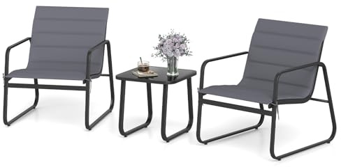 COSTWAY 3-Piece Patio Bistro Set, Garden Furniture Set with Tempered Glass Table and Chairs, Metal Frame Outdoor Conversation Table Chairs Set for Balcony, Lawn and Poolside(Grey, 73 x 61 x 76cm)