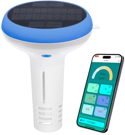 YINMIK Medidor de Cloro WiFi para Piscinas, Amedidor inteligente cloro piscina solar, Analizador 7 en 1 de pH, Contenido de FAC/pH/Salt/ORP/EC/TDS/Temp, Digital de Cloro Libre y Salinidad
