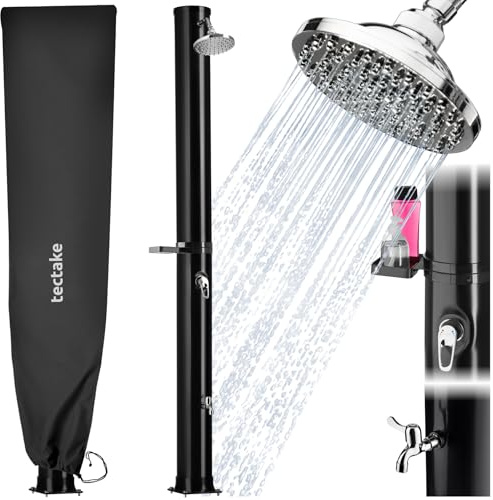 tectake® Doccia Solare da Giardino 40 Litri, Soffione Doccia Orientabile 360°, Accessori Giardino Esterno Campeggio Piscina, con Cover Protettiva, Portasapone, Rubinetto, Attacco Acqua - Nero