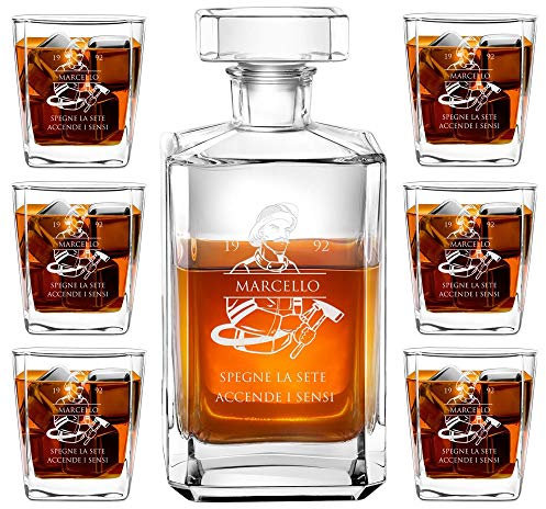 Maverton Decanter per Whisky in vetro - incisione personalizzata - Caraffa in vetro da 700 ml + 6 Set bicchieri whisky - idea regalo per l’uomo - pompiere