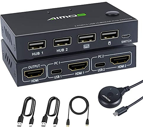 KVM Switch für 2 Computer, 2 In 1 Out KVM Umschalter Aktie Monitor Maus Tastatur HDMI Switcher 4K @ 30Hz für Laptop, PC, PS4, Xbox, 1 Externe Schaltertaste