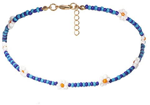 Prosy Bohemian Bunte Perlen Gänseblümchen Choker Halskette Rocailles Kurze Sonnenblume Halsketten Glas Baumeln Kragen Hawaii Strand Schmuck für Frauen und Mädchen (Halskette-Blau)
