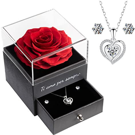 Yamonic Rosa Eterna Regalo Donna,Rosa Stabilizzata con Collana Argento 930 Donna, Idea Regalo per Lei,Ti Amo per Sempre,Regalo San Valentino per lei,Regalo Donna Natale Compleanno Anniversario