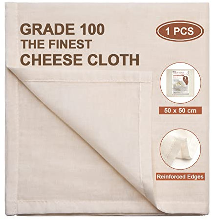 eFond 1 PCS Hemmed Cheese Cloths for Straining Reusable, 50X50 cm, Grade 100 Muslin Cloths for Cooking Washable, 100% Unbleached Pure Cotton Ultra Fine Cheesecloth for Baking, Butter, Nut Milk
