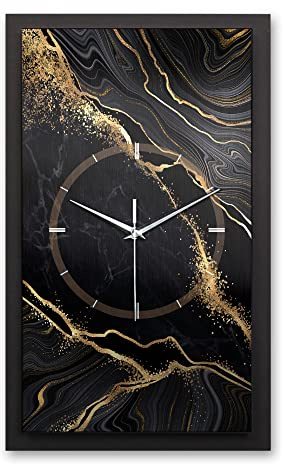 Kreative Feder 3D Designer-Wanduhr Black & Gold Waves in modernem Metallic-Look 50x30cm rechteckig analog lautlos ohne Ticken (Black & Gold Waves, leises Quarzuhrwerk)