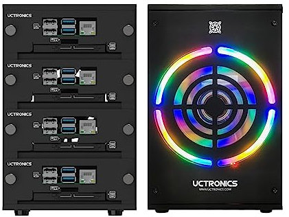UCTRONICS Desktop Cluster Enclosure for Raspberry Pi, Up to 4 Pis and 2.5 SSD, Front Removable Trays, 12cm LED Cooling Fan for Raspberry Pi 5/4B/3B+/3B