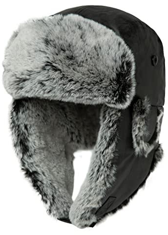 Comahts Winter Trapper-Hut Kunstleder Aviator Pilotenmütze Damen Herren Schwarz Warm Gefütterte Kunstpelz-Hut mit Winddichten Ohrenklappen XL