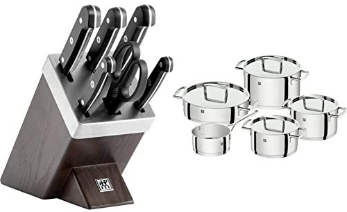 ZWILLING Bloque de cuchillos auto-afilables de 7 piezas, Bloque de madera, Cuchillos y tijeras con mango especial de acero inoxidable/plástico, Gourmet & Batería de Cocina de 5 Piezas, 4 Tapas