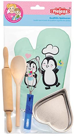 Heless 232 - Backset für Kinder im Pinguin Pünktchen Design, 5 teiliges Backzubehör mit Ofenhandschuh, Backform Herz, Nudelholz & Kochlöffel aus Holz und Schneebesen