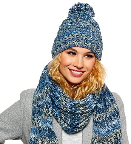 ELIMELI Damen Winter Mütze warme Strickmütze Wintermütze mit Bommel Slouch Beanie Damen für Winter Bommelmütze Hergestellt in EU Farbenauswahl 19005 (Blau - Set mit Schal)