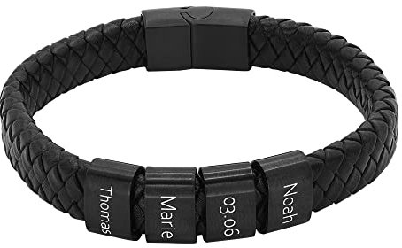 Heideman Armband Herren aus Leder schwarz matt - Lederarmband Titus mit schwarzen Gravurplättchen für Männer - Personalisiertes Geschenk