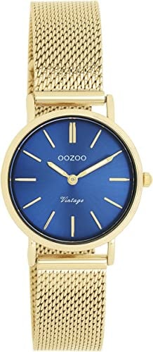 Oozoo Vintage Damen Uhr in Gold/Blau- Armbanduhr Damen mit Milanaise-Metallband - Analog Damenuhr in rund