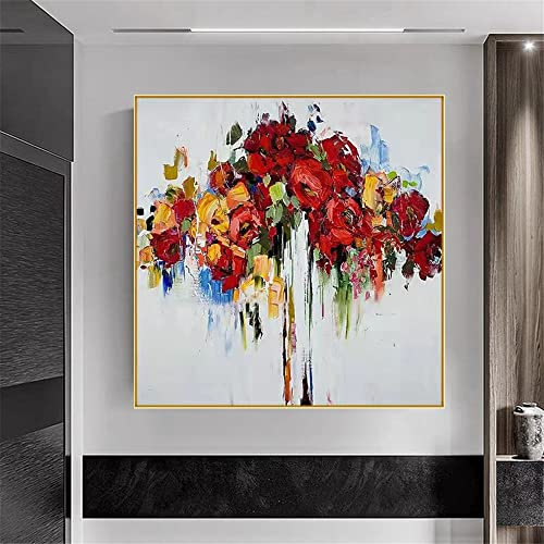 Ölbilder Auf Leinwand Handgemalt - Moderne Abstrakte Roter Blühender Baum Kunst Acrylmalerei 100% Handgemaltes Kunstwerk Extra Große Wandkunst Rahmenlose Coole Gemälde Wohnkultur Für Wohnzimmer,