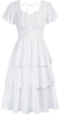 Belle Poque White Cocktail Party Dress for Women Short Sleeve Square Neck Tiered Ruffle Wedding Guest Tea Party Dress S