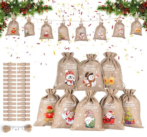 ilauke 18x13cm Christmas Jute Gift Bags 24Pcs, Jute Bags Multipack, Small Drawstring Bags with 10m Hemp Rope & 30 Wooden Clips, Party Bags for Candy Cookie Xmas Gift Wrapping