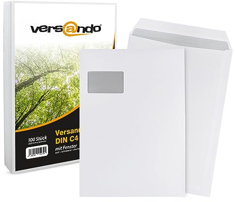 versando 100x C4 Versandtaschen mit Fenster Briefumschläge Fensterbriefumschläge weiß selbstklebend passend für DIN A4