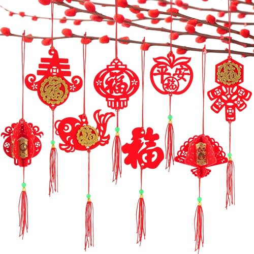 Chinesisches Neujahr Deko Mini-roter chinesischer Knoten-Anhänger, traditionelle Glücks-Ornamente für Neujahr, Zuhause, Büro, Auto, Baum, Frühling, Dekorationen (M, Rot, 48)