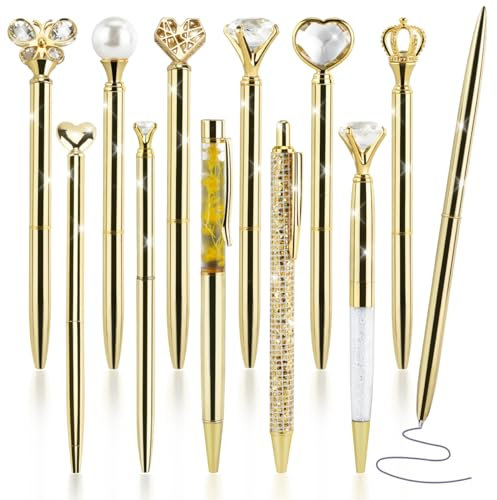 IBEQUEM 12 Rose Gold Kugelschreiber, Crystal Metallic schwarze Tinte feine Spitze Diamant Stift, Mädchen Geschenk, Schule, Haus, Bürobedarf (Gold)