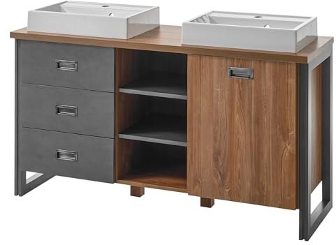 Furn.Design Doppelwaschtisch MIT Waschbecken in Eiche Stirling und grau Matera Waschplatz Set Doppel-Waschbeckenunterschrank inklusive 2 x Waschbecken 138 x 75 cm Auburn (Doppel-Waschtisch)