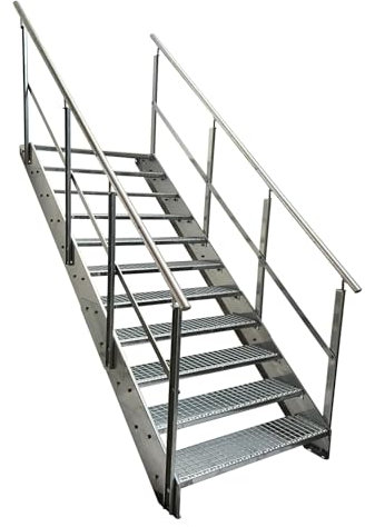 Kaminbau Mierzwa Premium Stahl Treppe mit beidseitigem Geländer komplett Verzinkt / 11 Stufen (Breite 1400 mm) (Höhe 209 cm) Wetterfest Gitterroststufe Gartentreppe