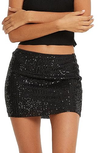 Miolasay Glänzender Pailletten-Sommerrock, glitzernd, A-Linien-Rock, figurbetont, Disco-Pailletten, Clubrock, Bühnenauftritt, Streetwear, H-schwarz, 40