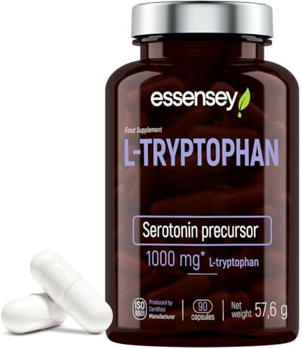 ESSENSEY - L-triptofano I 1000 mg I 90 capsule I Aminoacido essenziale I Vegetariano e senza additivi I 45 dosi giornaliere I Facile da ingoiare I test di laboratorio