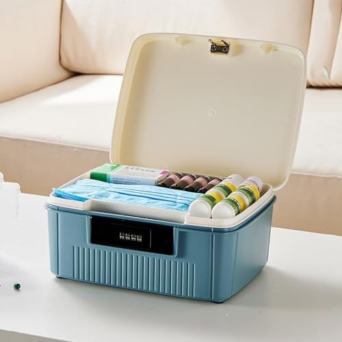 LIKEUDO 20 * 25 * 10cm Lockable Medicine Organizer Box First Aid Health Emergency Storage Box Large Capacity Medicine Storage Bins with Combination Locks(Blue)