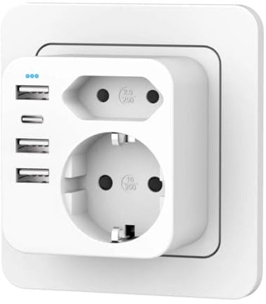 Mehrfachsteckdose mit 4 USB Ports, Mehrfachstecker für Steckdose mit 2 Fach Stecker, Steckdosenadapter mit USB C Port, Doppelstecker für USBC Steckdose, Steckdosenleiste (weiß)