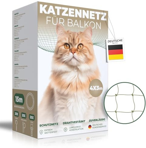 WOOWOOD Katzennetz für Balkon [Ohne Bohren] - Katzennetz Drahtverstärkt - Katzenschutznetz Wetterfest & UV-beständig - Katzengitter Inkl. 20 Kabelbinder & Dübel - Katzennetz Balkon und Fenster (4X3m)