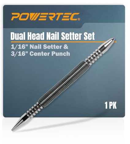 POWERTEC Dual Head Nail Setter & Center Punch, Spring Loaded 1/16 Nail Punch with 3/16 Center Punch, 5000 PSI Striking Force for Marking & Setting Proud Brad Nails, 1PK (71939)