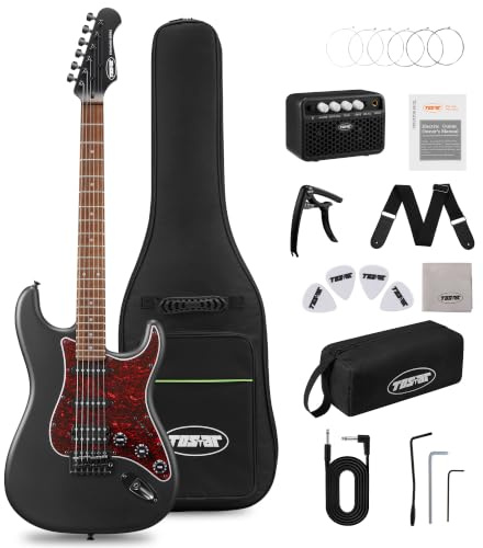 TOSTAR E-Gitarren-Set, 99 cm, solide Rechtshänder-Gitarre für Anfänger, Starter mit Verstärker, S-S-S Pickup, Pappelkörper, handpoliert, mattes Blutschwarz, TST-130-SBK-NEW