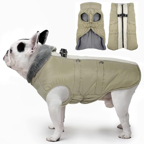 Katzinst Hunde Wintermantel, Ärmellose Wasserbeständig Hundejacke Reflektierend Hundejacke mit Bauchschutz Hundebekleidung Outfit Hundemantel für Mittelittelgroße Hunde, Französische Bulldogge, L