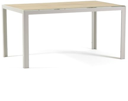 RATTATAN Milo Table rectangulaire 150 x 90 cm, pour intérieur et extérieur, en aluminium laqué, verre décoré, adaptable pour cuisine, salle à manger, terrasse, jardin, pour 6 personnes, en bois, pieds