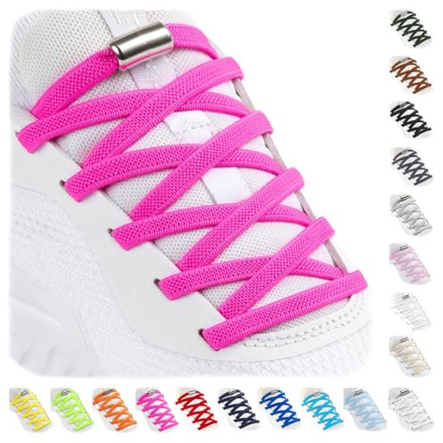 Stepace 1 Paire Élastiques Lacets avec Fermeture en métal, Plats Élastiques Lacets sans Nœud Universels pour Enfants et Adultes, Adaptés aux Chaussures de Sport Course Rose Fluo