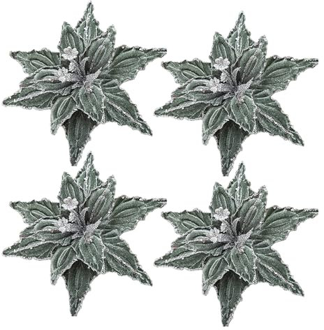 belupai 4 Pezzi di Fiori di Stella di Natale in Velluto di Natale, 10 Pollici Grandi Fiori di Stella di Natale Artificiali Glitter Ornamenti di Fiori di Stella di Natale per (B)
