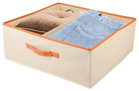 ASelected Large set of 2 storage boxes 50 x 40 x 20 CM Cupboard organiser with leather handle and divider Fabric storage box Foldable for wardrobe clothes, books(Beige)